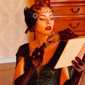 Babeyond beads studded tinted feather headband / forest green / roaring 20s